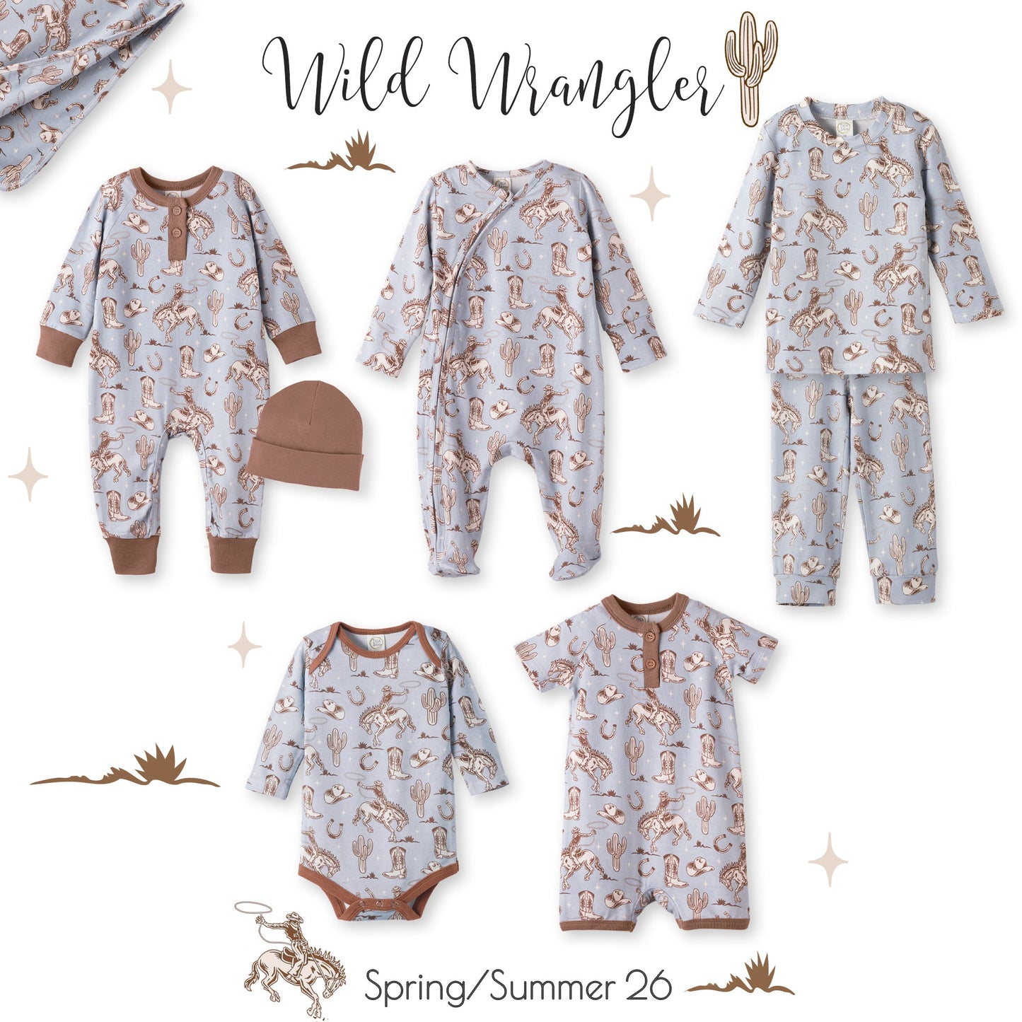 Wild Wrangler/Blue Western Baby Boy Bamboo Zipper Romper
