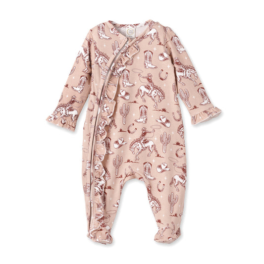 Wild Wrangler/Pink Bamboo Ruffle Zipper Romper - Western