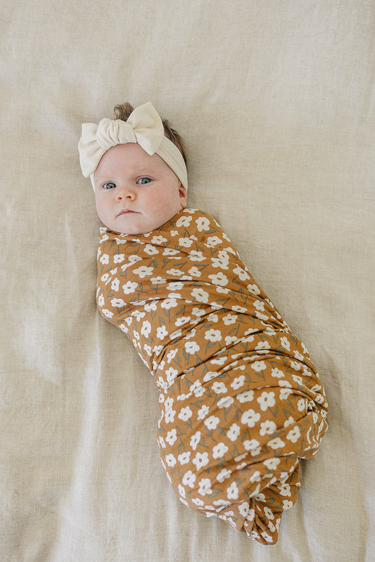Mustard Floral Ribbed Bamboo Stretch Swaddle